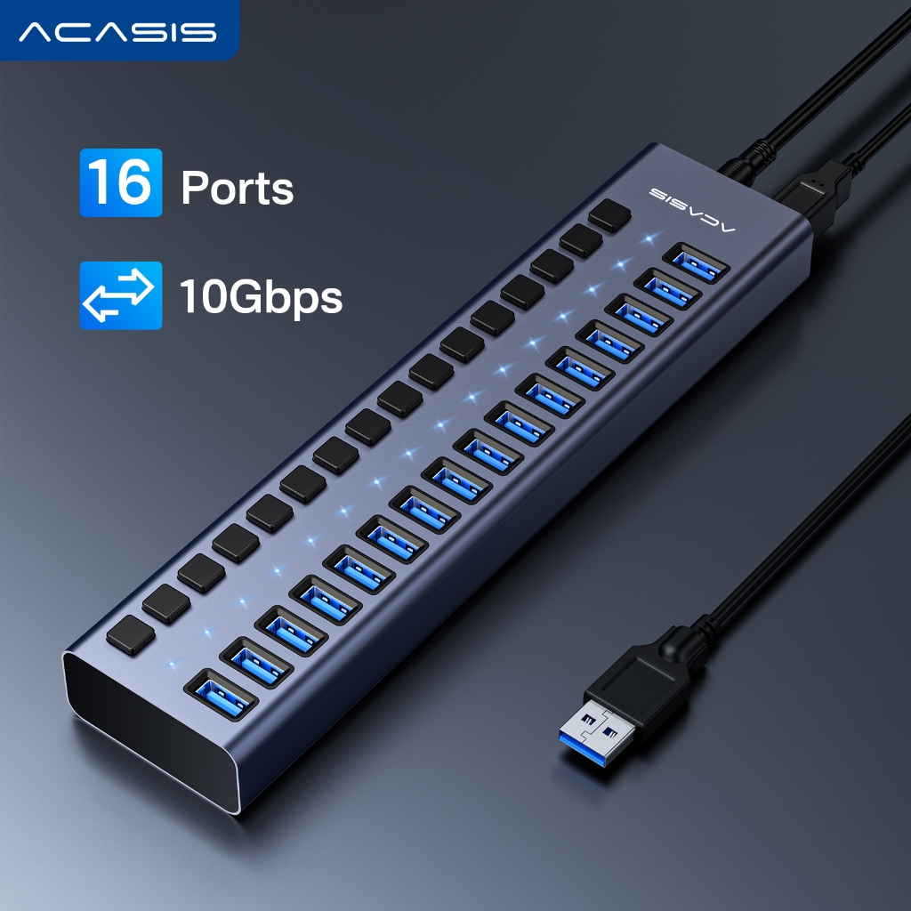 Acasis ฮับ USB 3.1 16 พอร์ต 10Gps รองรับการชาร์จ BC1.2 พร้อมอะแดปเตอร์พาวเวอร์ 12V ตัวแยก USB อลูมิเนียม สําหรับ Macbook อุปกรณ์เสริมเดสก์ท็อป