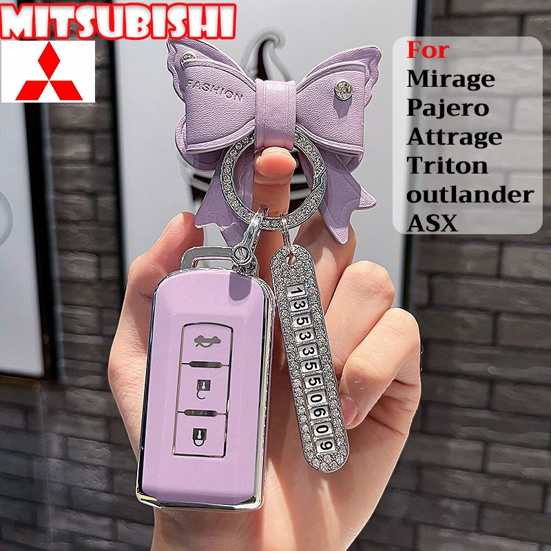 เคสกุญแจรีโมตรถยนต์ Tpu ประดับโบว์ 3 ปุ่ม พร้อมสายคล้อง สําหรับ Mitsubishi Mirage Pajero Attrage Triton outlander ASX