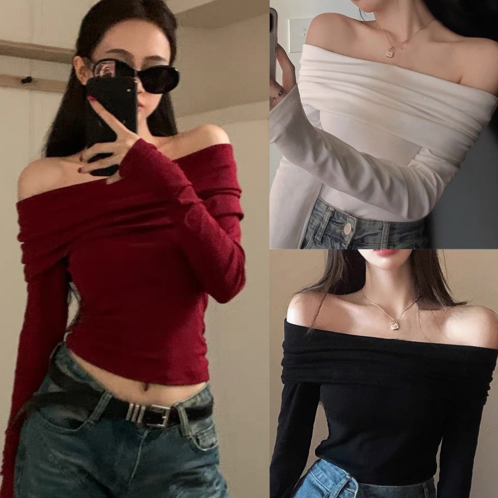 Hotgirl พร้อมส่งจากกทม ✨เสื้อยืดสีแดงสาวฮอตอเมริกันไหล่เดียว🌸เสื้อยืดแขนยาวปิดไหล่ ทรงสกินนี่พอดีตัว