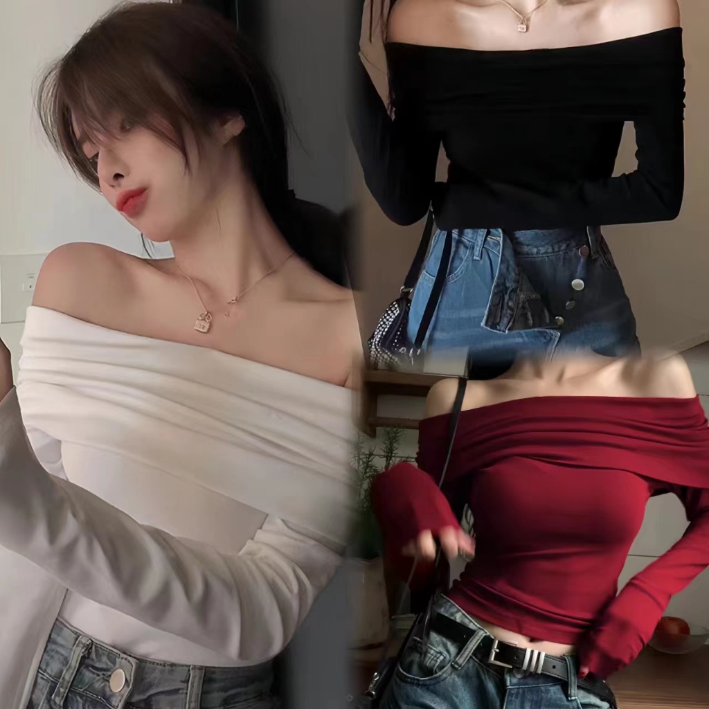 Bella เสื้อยืด เดรสเปิดไหล่แขนยาวสไตล์เกาหลีสุดฮอตสไตล์ผู้หญิง
