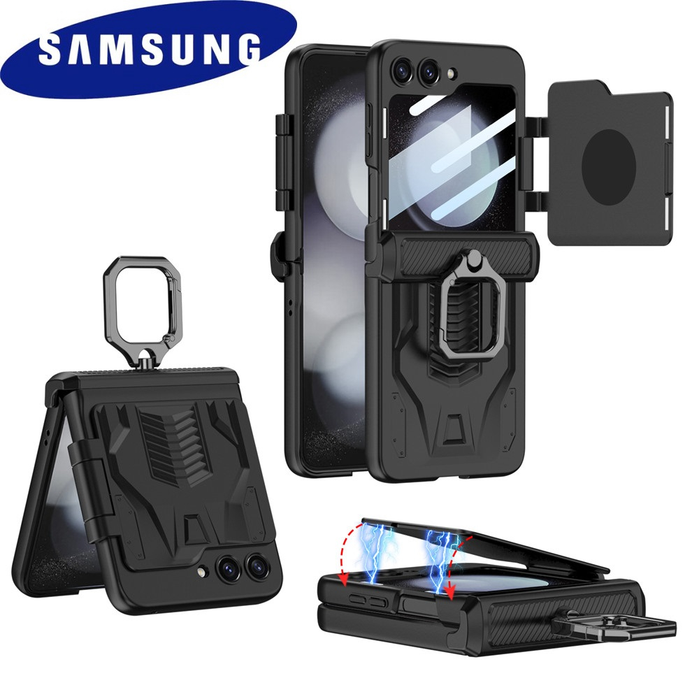 [ตัวป้องกันบานพับแม่เหล็ก] เคสโทรศัพท์ พร้อมแหวนขาตั้ง กระจกนิรภัย และฝาครอบป้องกันเลนส์ สําหรับ Samsung Galaxy Z Flip 5 5G Z Flip5