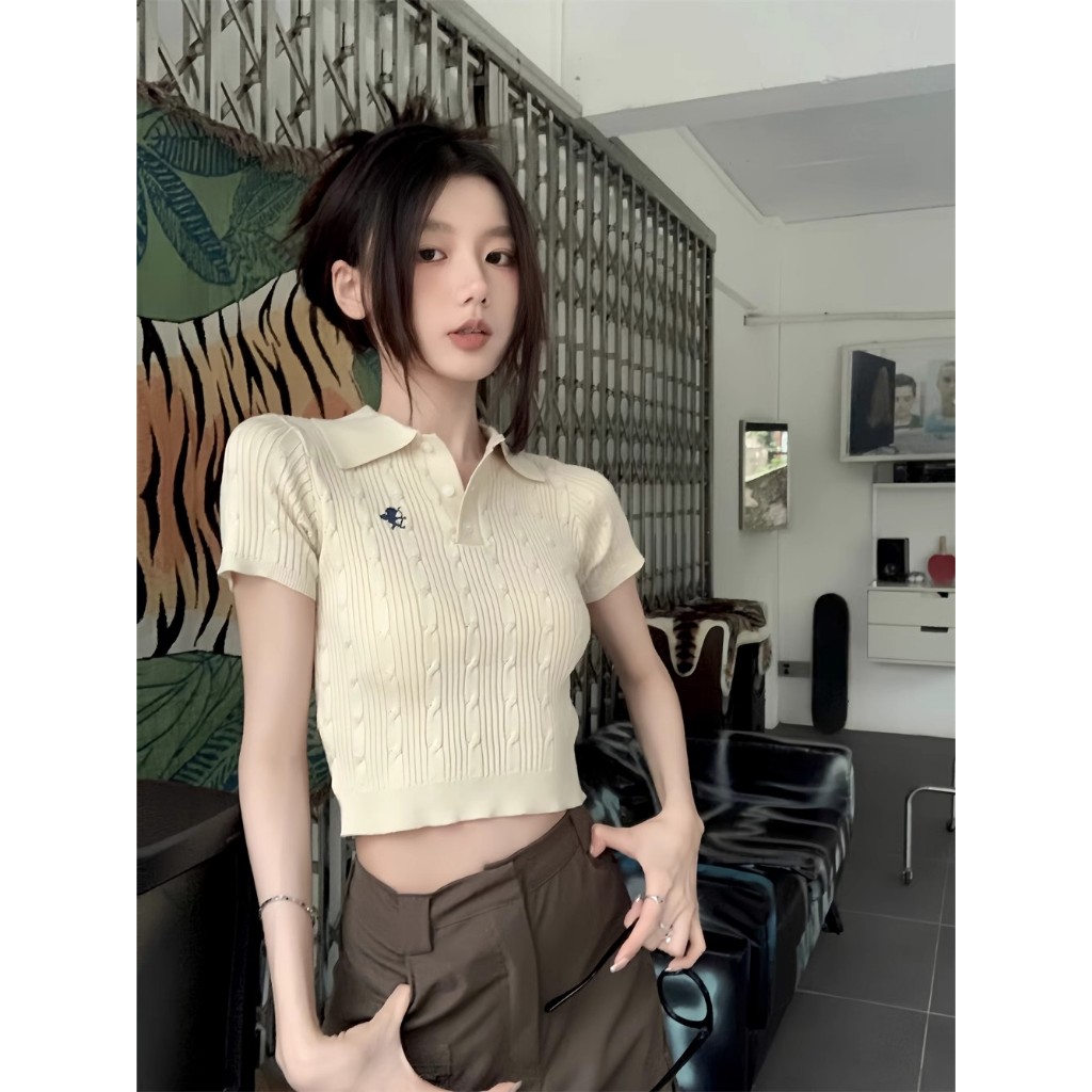 NZN ผู้หญิงเกาหลีเรียบง่ายถักโปโลคอปกแขนสั้นเสื้อยืด
