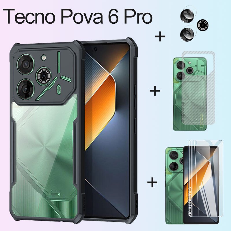 สําหรับ Tecno Pova 6 Pro เคส และ Pova 6 Pro ฟิล์มกระจกนิรภัย หน้าจอใส + ฟิล์มเลนส์กล้อง + ฟิล์มด้านหลัง + เคสโทรศัพท์ กันกระแทก 4in1