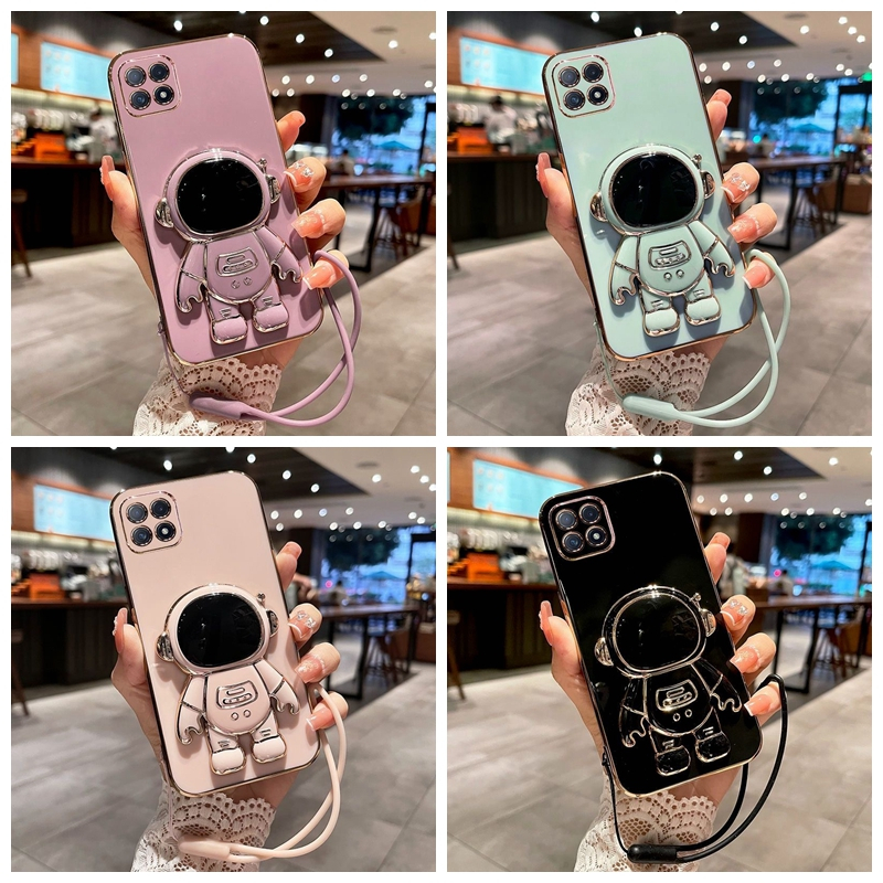 เคส Honor X6A X8A X8B X7B X7A X9A 5G ขอบตรง Electroplated นักบินอวกาศยืนกรณีโทรศัพท์กับ Lanyards