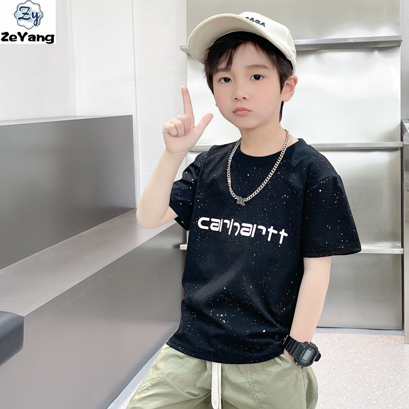 [ZY] พร้อมส่ง เสื้อยืดลําลอง คอกลม แขนสั้น ผ้าฝ้าย ประดับเลื่อม ทรงหลวม แฟชั่นเรียบง่าย สําหรับเด็ก 60-130 ซม.