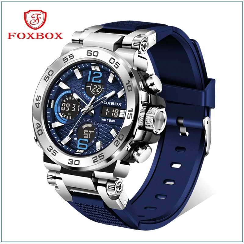 FOXBOX จอแสดงผลคู่ นาฬิกาผู้ชาย นาฬิกาข้อมือควอตซ์ดิจิทัล LED หน้าปัดขนาดใหญ่ 46 เมตร ลําลอง กันน้ำ ซิลิโคน นาฬิกาข้อมือ LIGE Watch For Men