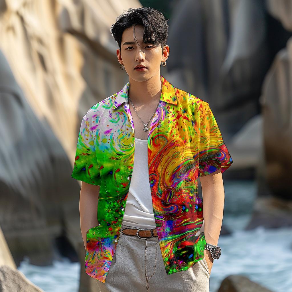 เสื้อเชิ้ตแฟชั่น คอปกตั้ง สีรุ้ง ใส่สบาย หรูหรา
