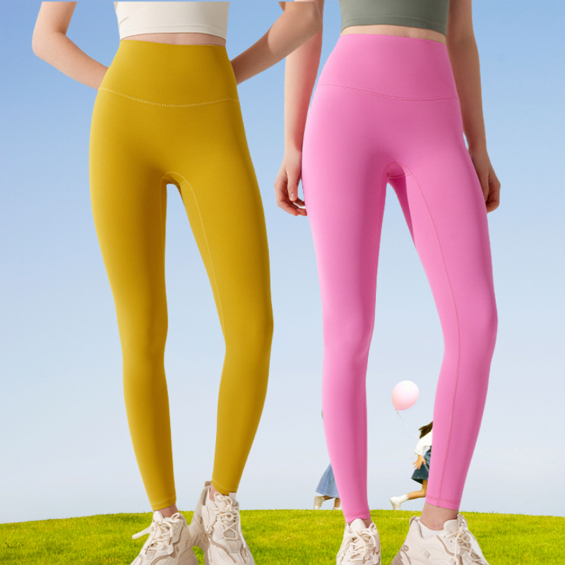 L.CIRCLEกางเกงโยคะเอวสูงต้านเชื้อแบคทีเรียยกสะโพกเปลือยไม่มีกางเกงกีฬาสายทองเหลืองพร้อมกระเป๋า