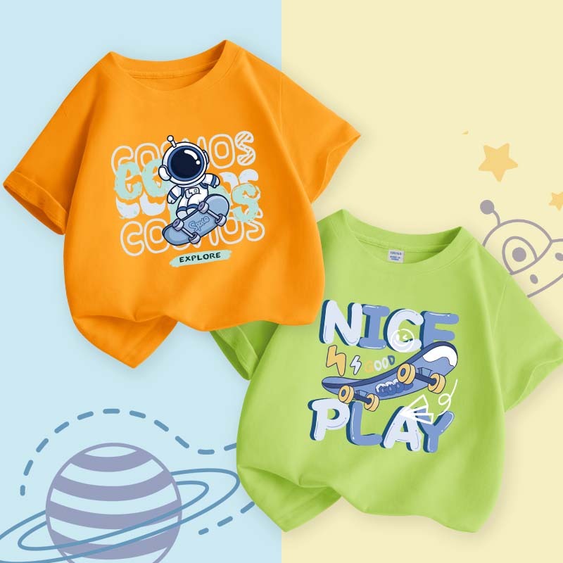 [110ซม.-160ซม.] เสื้อยืดเด็กแขนสั้นเด็กชายพิมพ์ลายสากลสำหรับเด็กชายและเด็กหญิงหลากสี