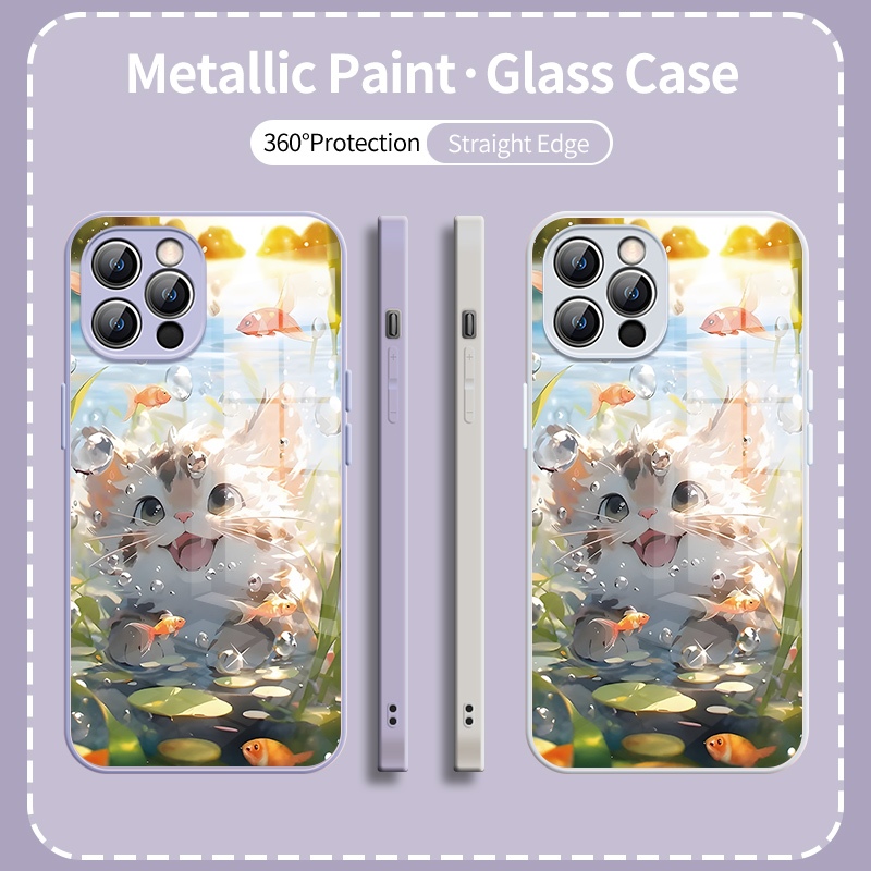 คุณภาพสูง Apple โลหะสีเคสโทรศัพท ์ เหมาะสําหรับ iPhone15 14 13 12 11ProMax เคสโทรศัพท ์ ขายร ้ อนแก ้ วน ่ ารักรูปแบบแมว iPhone XR XSMax 7 8Plus 6S Plus เคสโทรศัพท ์ คู ่ ป ้ องกันกรณี