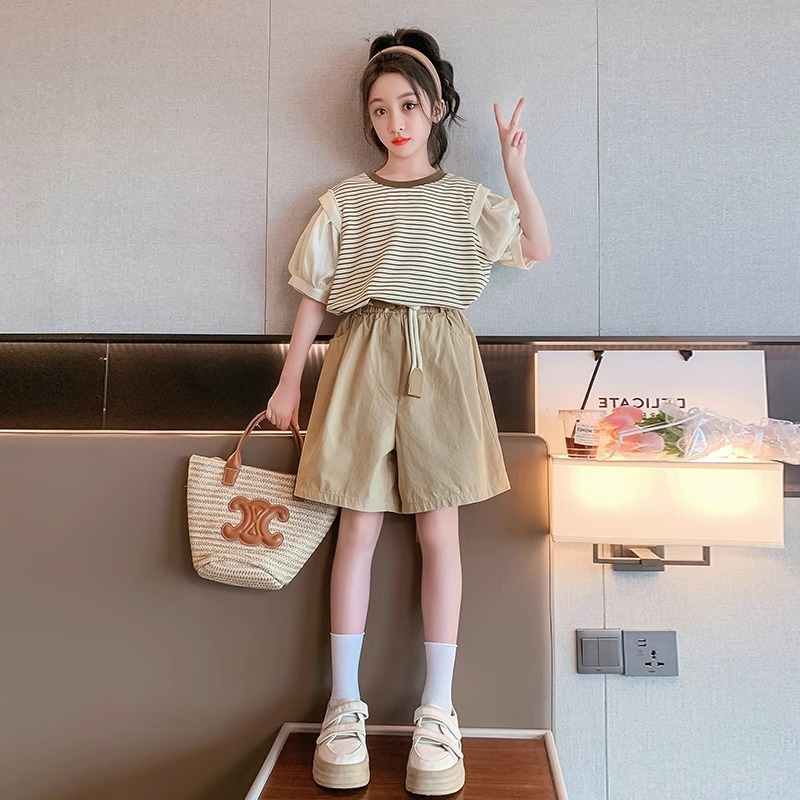 ชุดเสื้อยืดลําลอง กางเกงขาสั้น ลายทาง แฟชั่นฤดูร้อน สําหรับเด็กผู้หญิง อายุ 3-14 ปี