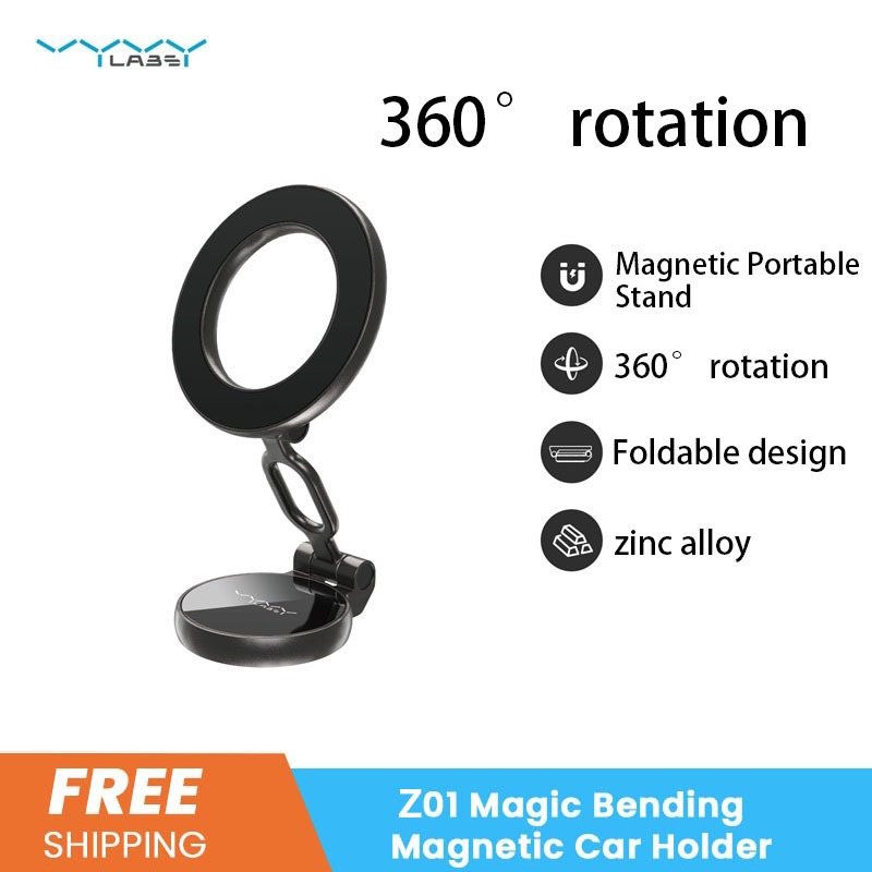 Vyvylabs Z01 ที่วางแม่เหล็กในรถยนต์ 360° ขาตั้งแดสบอร์ด แบบพับได้ หมุนได้ สําหรับติดรถยนต์