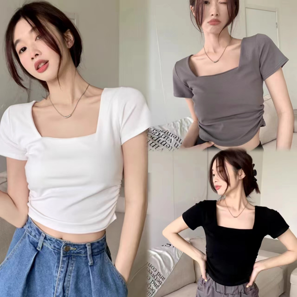 Bella shop🌸เสื้อยืด🎈🎈เดรสสั้นคอเหลี่ยมผู้หญิงสีทึบเรียบง่ายสไตล์เกาหลี