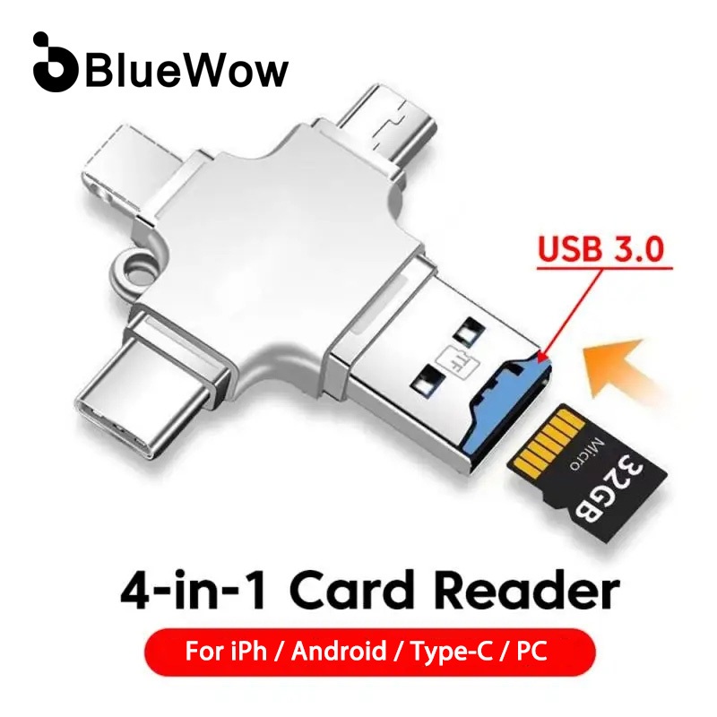 Bluewow 4 In 1 อะแดปเตอร์การ์ดรีดเดอร์ TF Micro USB 3.0 Type C IPh OTG สําหรับโทรศัพท์มือถือ แล็ปท็อป