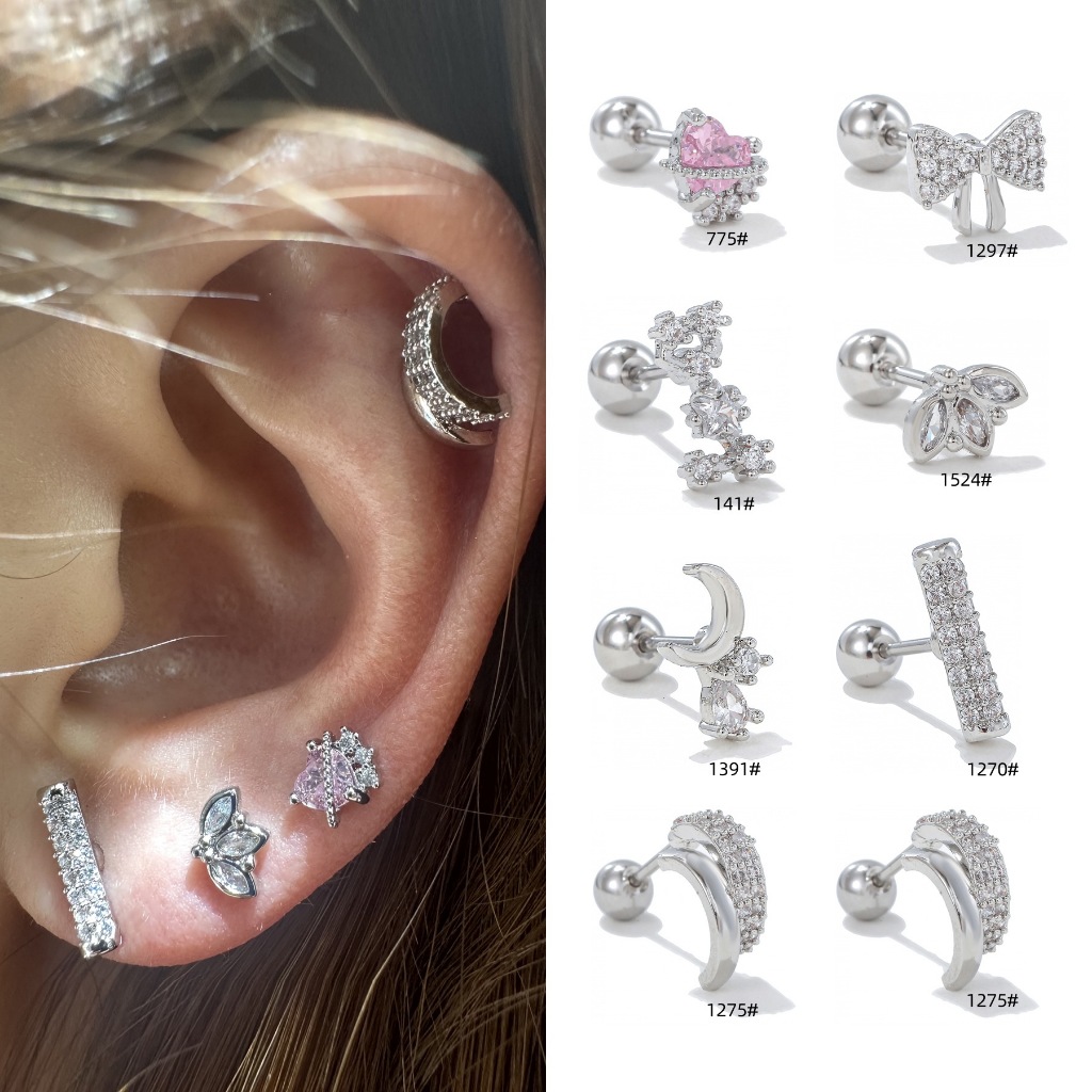 ต่างหูสตั๊ด เหล็กไทเทเนียม รูปหัวใจ ประดับโบว์ เครื่องประดับแฟชั่น 1 ชิ้น G23