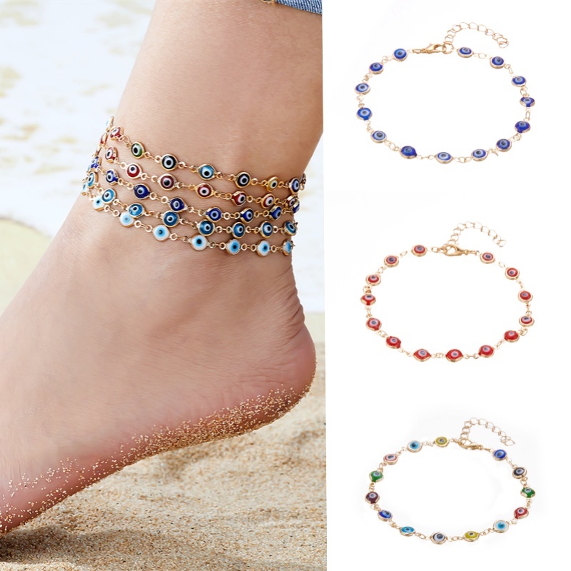 สร้อยข้อเท้า ชุบทอง 18k จี้ตาชั่วร้าย หลากสี เครื่องประดับ สไตล์วินเทจ แฟชั่นเรโทร สําหรับผู้หญิง