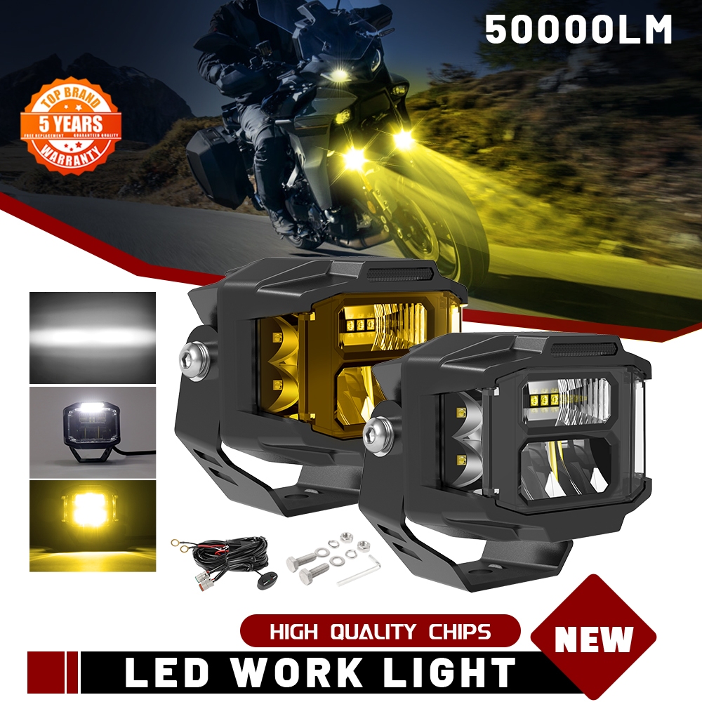 Jiuguang แถบไฟ LED 50000LM สีขาว และสีเหลืองอําพัน 4 นิ้ว สําหรับรถยนต์ รถบรรทุก ออฟโร้ด SUV 12V 24V 1 คู่