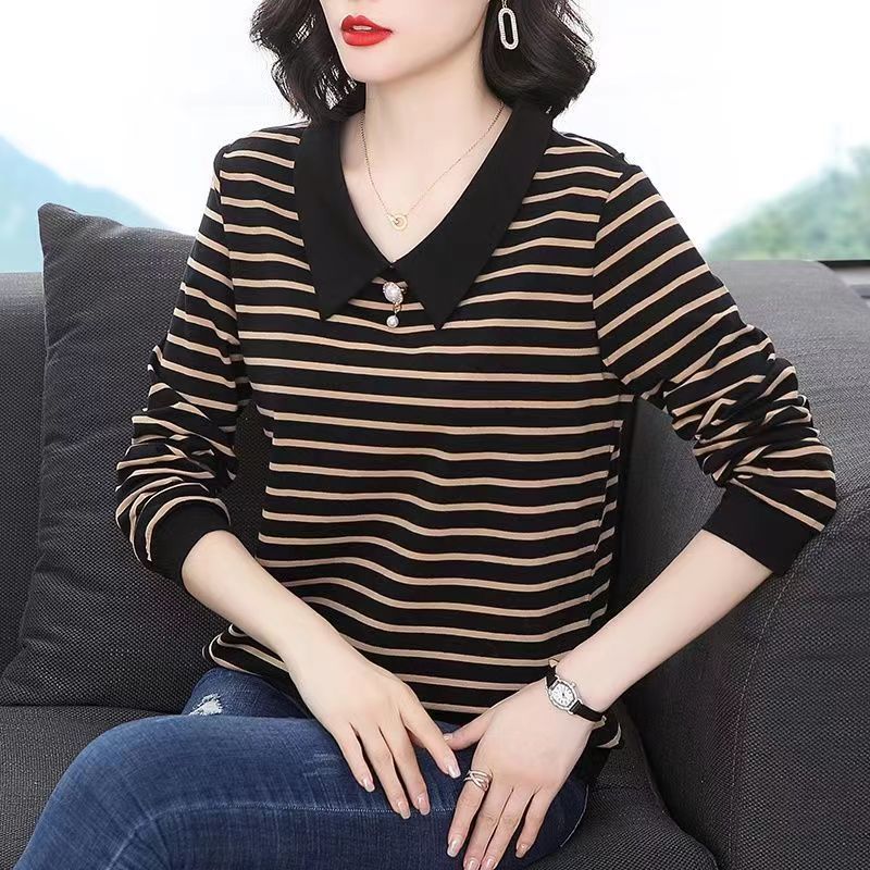 เสื้อยืดลําลอง แขนยาว ลายทาง ทรงหลวม แบบบาง แฟชั่นฤดูใบไม้ร่วง สําหรับสตรี
