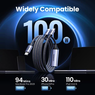 Ugreen 2-in-1 สายชาร์จ Type-c 100W ชาร์จเร็ว รองรับ PD 2 USB-c สําหรับ iPhone 15 Samsung S24 Huawei adn Xiaomi แล็ปท็อป