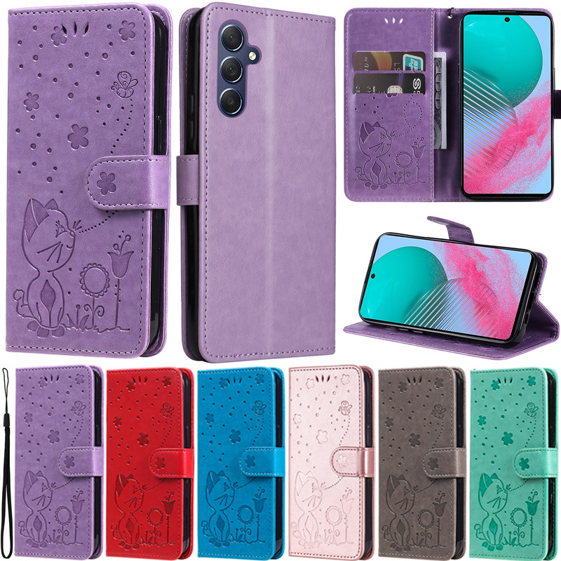 Slim สําหรับ Samsung Galaxy A55 A35 S24 Ultra A25 A15 A05S S23 FE S24 + S22 + S23 + S24 Plus S22 Plus S23 Plus หรูหราแมวดอกไม้รูปแบบกระเป๋าสตางค์นุ่ม PU หนังฝาครอบกรณี