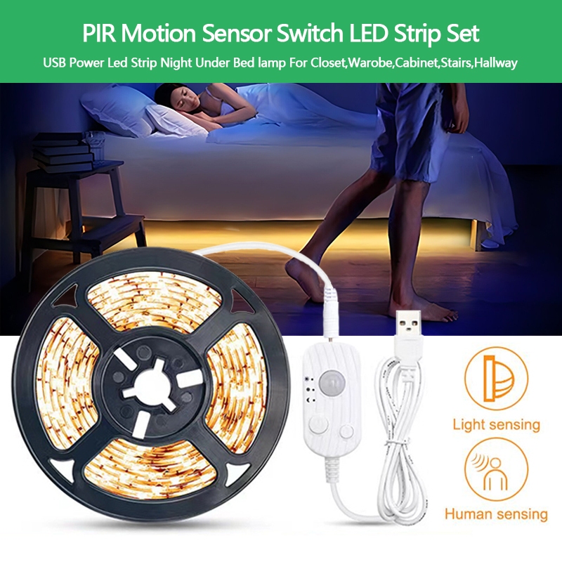 สายไฟ LED 60 ดวง 5V 2835 เซนเซอร์ PIR ไร้สาย USB ยืดหยุ่น สําหรับห้องนอน บันได ตู้เสื้อผ้า บาร์