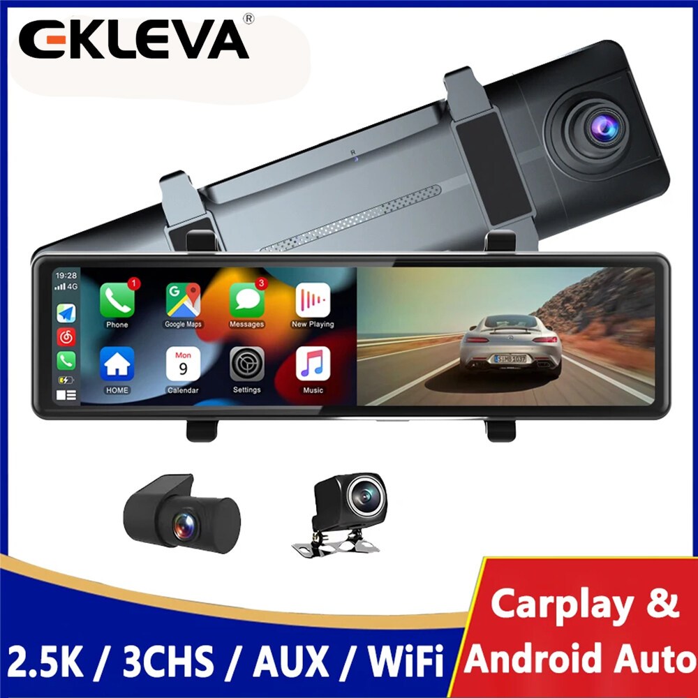 Ekleva กล้องบันทึกวิดีโอรถยนต์ 3 กล้อง 1440P Dash Cam Carplay & Android เชื่อมต่อไร้สาย WiFi Miracas