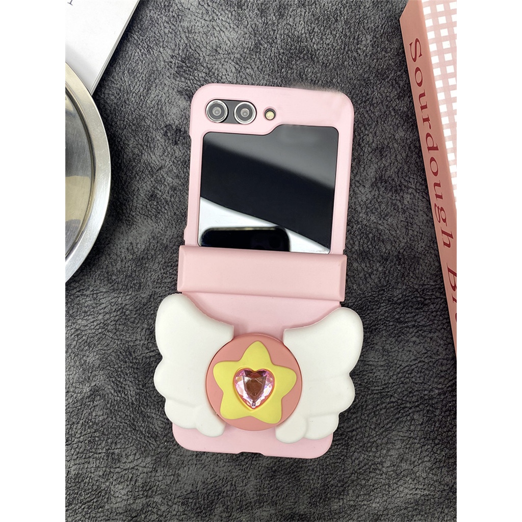 Ins เกาหลีหรูหราน่ารักเพชรหัวใจวงเล็บปีกสีชมพูกรณีสําหรับ Samsung Galaxy Z Flip3 5G Z Flip4 Zflip5 Zflip6 ปกหลัง