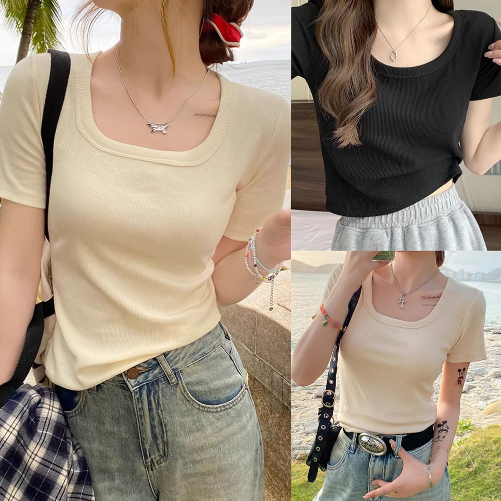 Hotgirl พร้อมส่งจากกทม ✨เสื้อยืดแขนสั้นผ้าไหมน้ำแข็งผู้หญิง🌸เสื้อยืดสีทึบสไตล์เกาหลีทรงเข้ารูปและใช้งานได้หลากหลาย