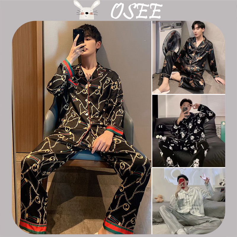 [Osee] ชุดนอนแขนยาว กางเกงขายาว ผ้าเรยอน แบบบาง พิมพ์ลาย คุณภาพสูง เหมาะกับฤดูใบไม้ผลิ และฤดูใบไม้ร่วง และฤดูร้อน สําหรับผู้ชาย 40-100 กก.