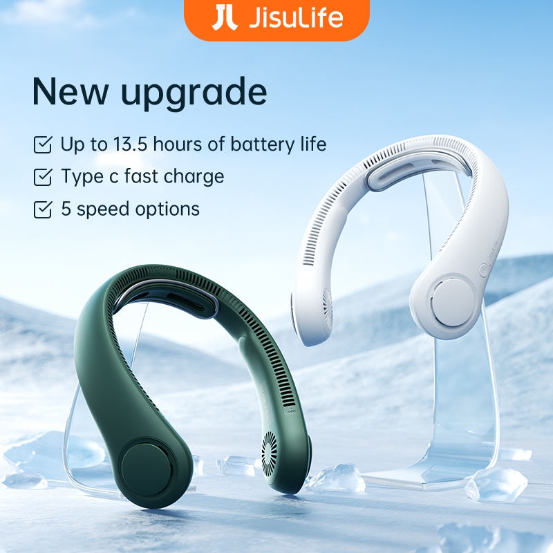 Jisulife พัดลมคอ 5 ความเร็วลมแรงชาร์จใหม่ได้ 4000mAh แบตเตอรี่แบบพกพาแขวนคอพัดลมไร้ใบพัด