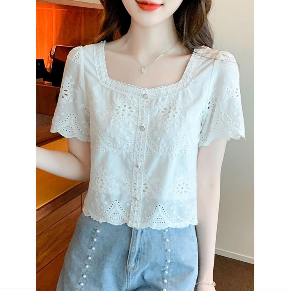 เสื้อท็อปแขนสั้น ผ้าลูกไม้ ขนาดเล็ก แฟชั่นสําหรับผู้หญิง