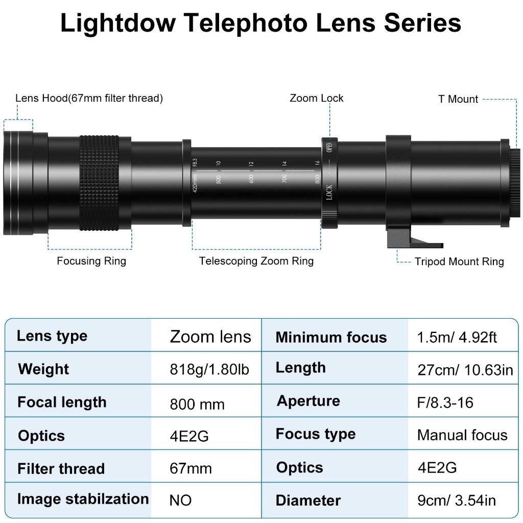 Lightdow เลนส์ Telephoto 420-800 มม.f/8.3 สีดําซูมเลนส์ Super Telephoto พร้อม T-Mount อะแดปเตอร์แหวนสําหรับ Canon Nikon Sony Dslr และ Mirrorless กล้อง