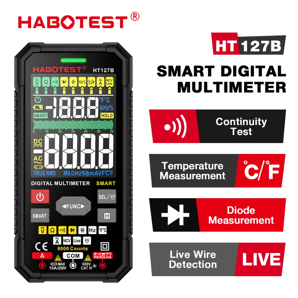 HABOTEST HT127 มัลติมิเตอร์ดิจิตอล 600V AC/DC 6000 นับ ครั้ง NCV True RMS มัลติมิเตอร์อัจฉริยะ เครื่องวัดไฟฟ้า ป้องกันการเผาไหม้ เครื่องทดสอบความถี่ความต้านทานความจุ