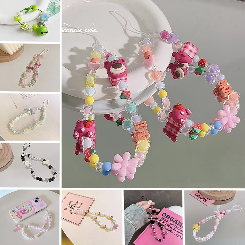 สายโซ่คล้องโทรศัพท์มือถือ อะคริลิค ประดับคริสตัล ลายการ์ตูนหมี สตรอเบอร์รี่น่ารัก สีสันสดใส แฟชั่นสําหรับผู้หญิง