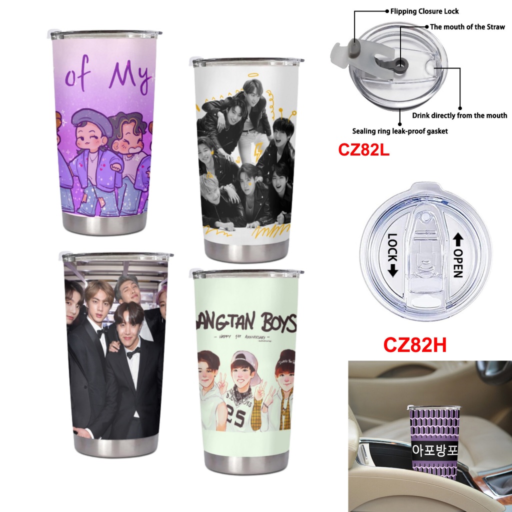 แก้วมักสุญญากาศสเตนเลส พิมพ์ลาย BTS 20 ออนซ์ สําหรับบ้าน และสํานักงาน