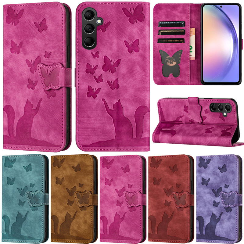 เคสโทรศัพท์มือถือหนัง PU นิ่ม ผิวด้าน ลายผีเสื้อ แมว พร้อมช่องใส่บัตร ขาตั้งวาง หรูหรา สําหรับ Samsung Galaxy A55 A35 A15 A25 S23 FE S24 Plus S24 Ultra S23 Plus S22 Plus S22+ S23+ S24+