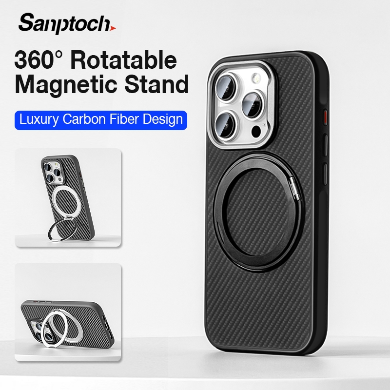 Sanptoch หรูหรา 360° เคสโทรศัพท์มือถือ คาร์บอนไฟเบอร์ กันกระแทก หมุนได้ พร้อมขาตั้ง สําหรับ iPhone 15 14 13 12 Pro Max 15 Pro Max
