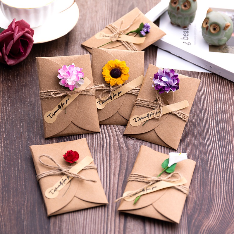 การ์ดอวยพร พร้อมซองจดหมาย DIY กระดาษคราฟท์ การ์ดเชิญ ครบรอบวันเกิด ดอกไม้ ขอบคุณ การ์ดเชิญปาร์ตี้