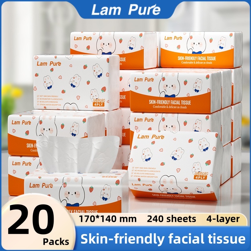 【20 แพ็ค】กระดาษเช็ดหน้า LamPure นุ่มละเอียด คุณภาพพรีเมียม หนา 4 ชั้น 240 แผ่น ต่อแพ็ค
