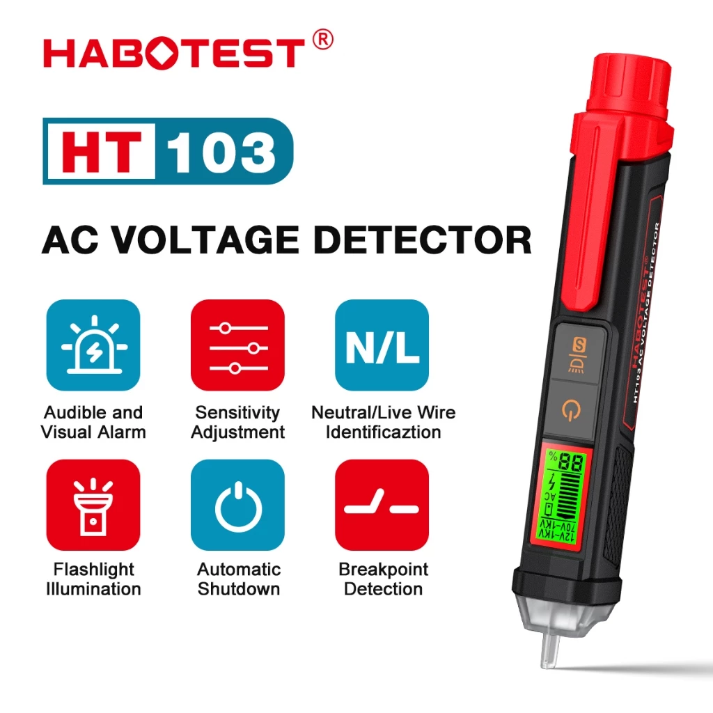 【จัดส่งจากกรุงเทพ】HABOTEST HT103 เครื่องทดสอบแรงดันไฟฟ้าดิจิทัล 12-1000V ไม่สัมผัส ตรวจจับแรงดันไฟฟ้า AC พร้อมหน้าจอ LCD