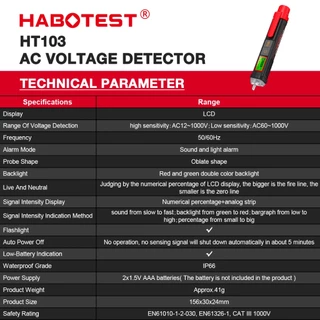 【จัดส่งจากกรุงเทพ】HABOTEST HT103 เครื่องทดสอบแรงดันไฟฟ้าดิจิทัล 12-1000V ไม่สัมผัส ตรวจจับแรงดันไฟฟ้า AC พร้อมหน้าจอ LCD