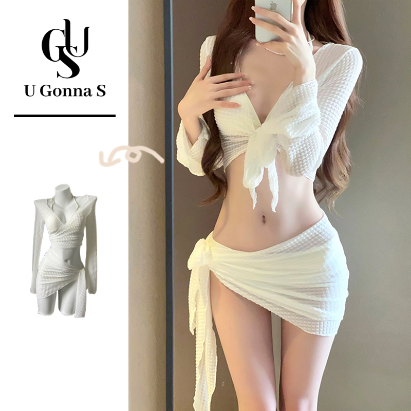 U Gonna S ชุดว่ายน้ํา ชุดบิกินี่ แขนยาว ดันทรง เอวสูง เซ็กซี่ พร้อมผ้าคลุม ยืดหยุ่น 4 ชิ้น สําหรับผู้หญิง 2024