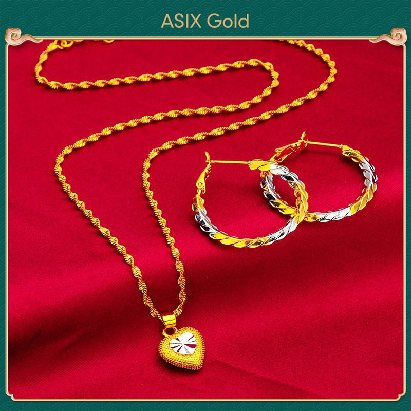 Asixgold ชุดเครื่องประดับ สร้อยคอ ต่างหู เงินแท้ 925 จี้รูปหัวใจ สีทอง 916 แฟชั่นเกาหลี สําหรับผู้หญิง