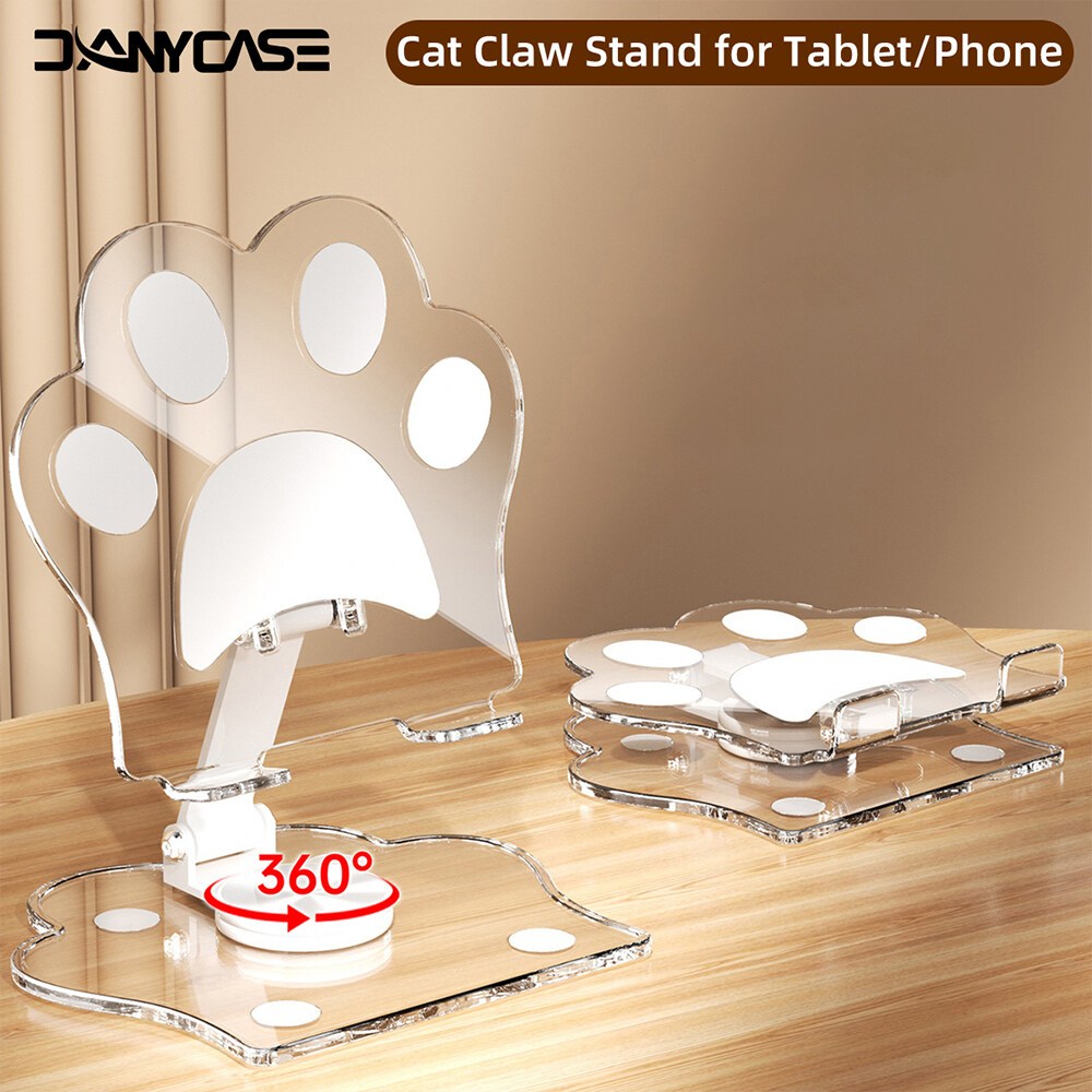 ขาตั้งกรงเล็บแมว 360° ที่วางโทรศัพท์มือถือ แท็บเล็ต อะคริลิคใส หมุนได้ ปรับได้หลายมุม สําหรับ iPad Samsung