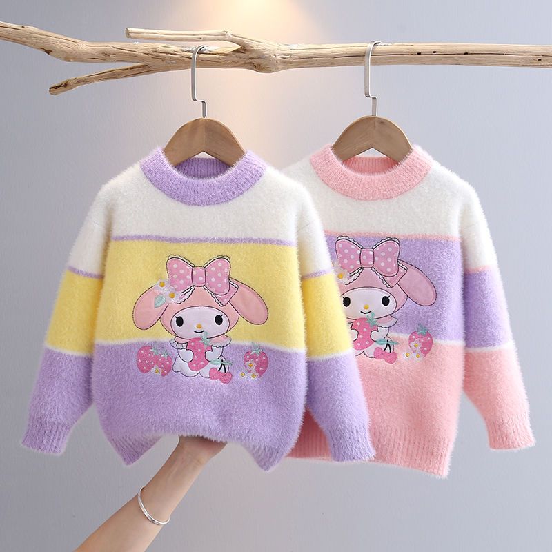 เด็ก Mink Plush เสื้อกันหนาว Sanrio Melody เด็กลายตัดกันถักแขนยาวเด็กทารกฤดูใบไม้ร่วงฤดูหนาวน่ารักเสื้อลําลอง