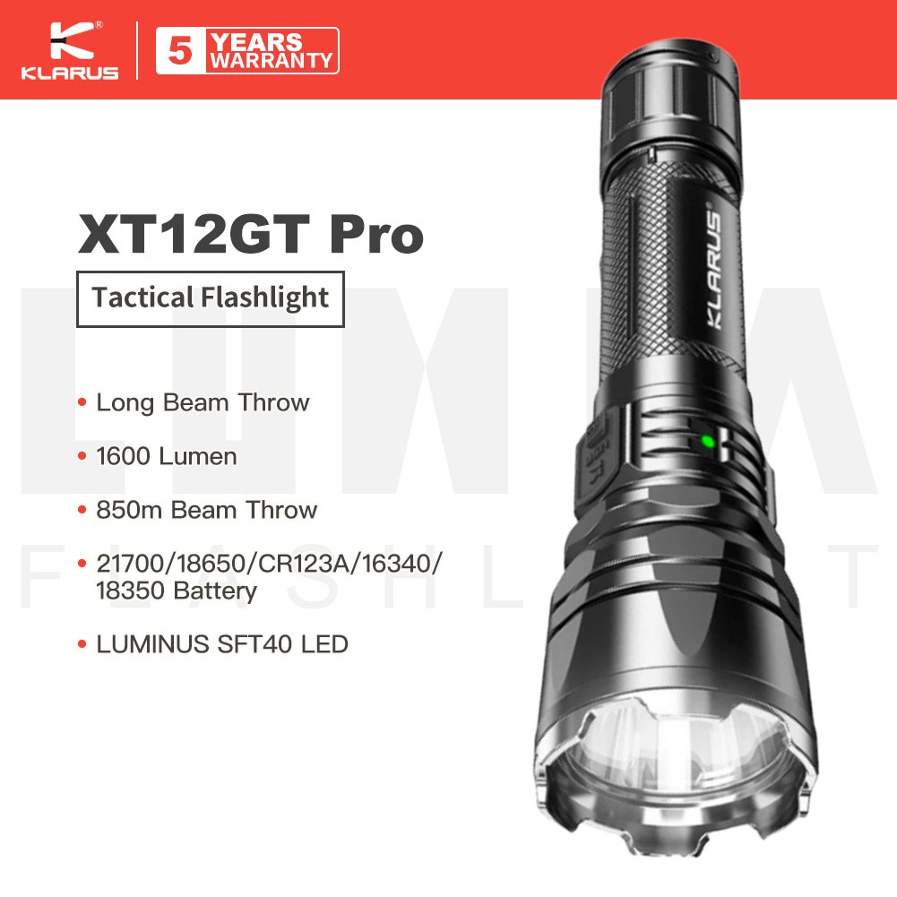 KLARUS XT12GT PRO ไฟฉายยุทธวิธีระยะไกลแบบชาร์จไฟได้, ระยะลําแสง 1600 Lumen 850m, 21700 / 18650 แบตเต