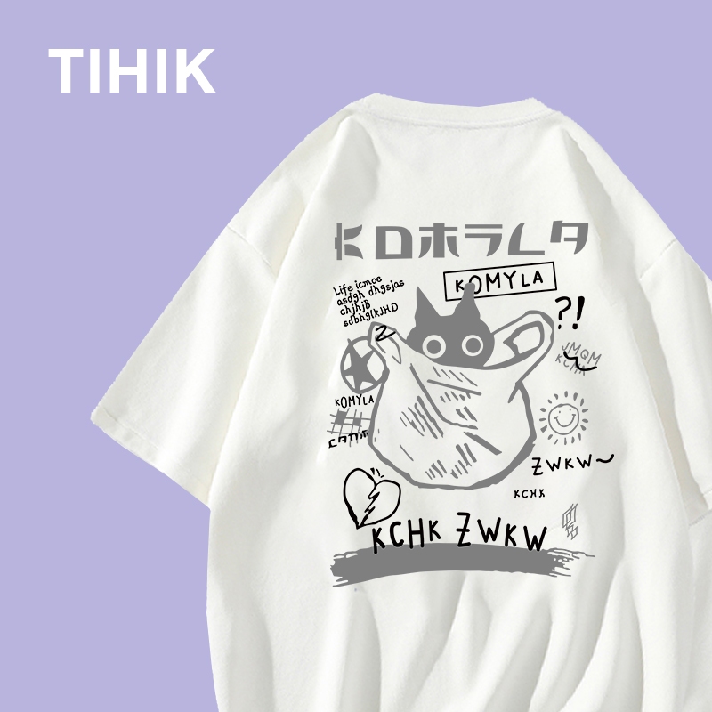TIHIK เสื้อยืด oversize เสื้อยืดสีขาว ผ้าฝ้าย100 สวมใส่สบายและแฟชั่นพิมพ์ลาย ไซซ์ S-2XL T0779