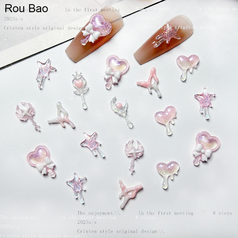 Rou Bao ไม้กายสิทธิ์เรซิ่น รูปโบว์ เซเลอร์มูน หัวใจ สีชมพู สําหรับตกแต่งเล็บ DIY 50 ชิ้น