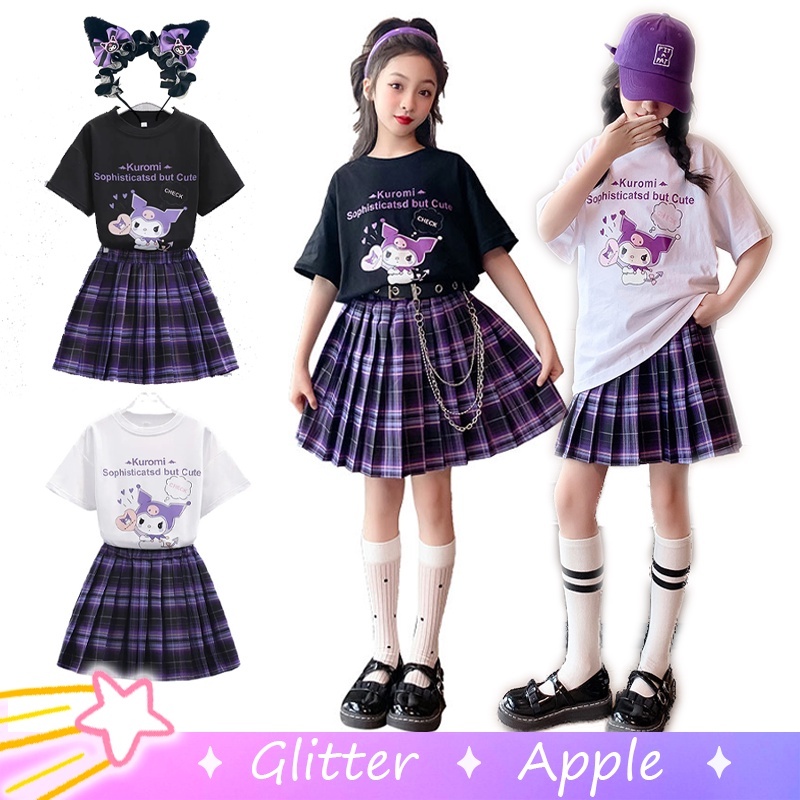 Kuromi ชุดเสื้อยืดแขนสั้น กระโปรงคอสเพลย์ ลายการ์ตูน สีขาว ดํา ม่วง สําหรับเด็กผู้หญิง นักเรียน 2 สี JK