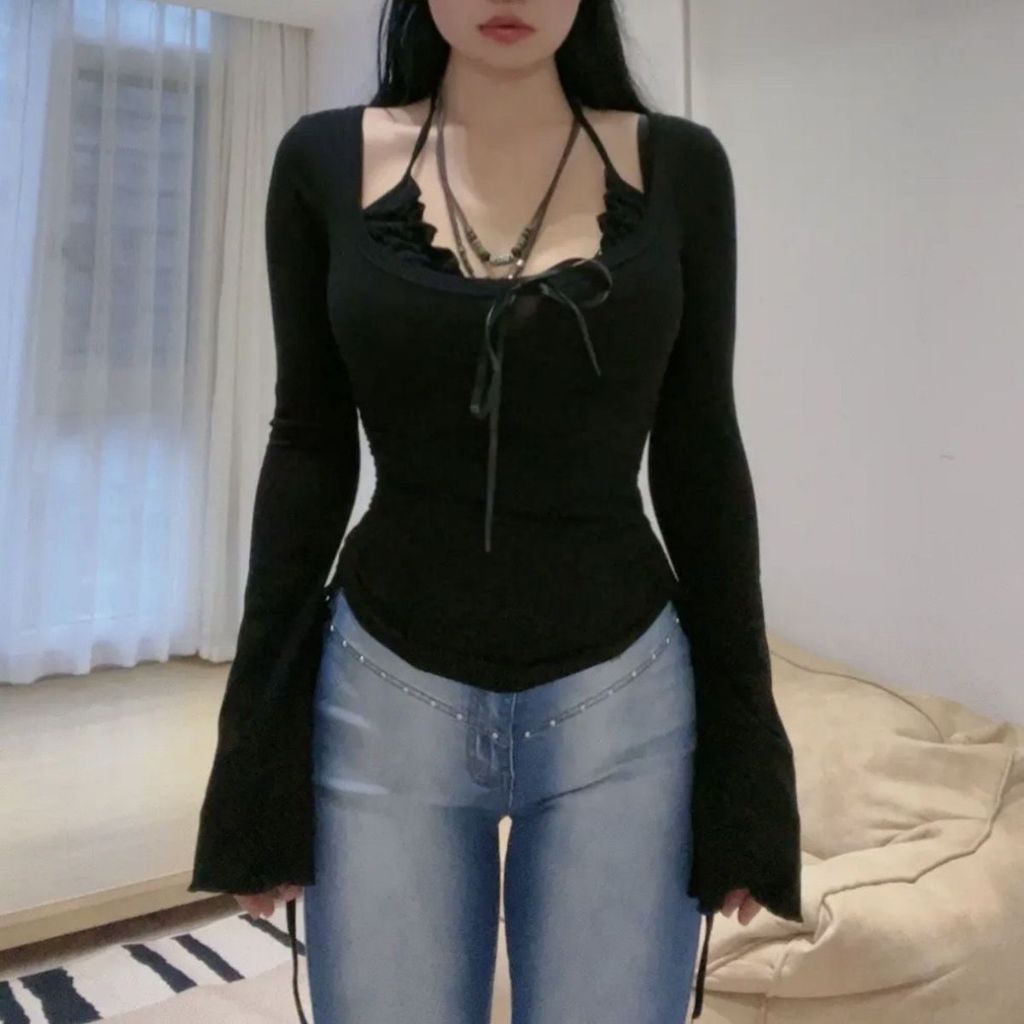 เสื้อแขนยาว แต่งลูกไม้ จับจีบ พลัสไซซ์ สองชิ้น